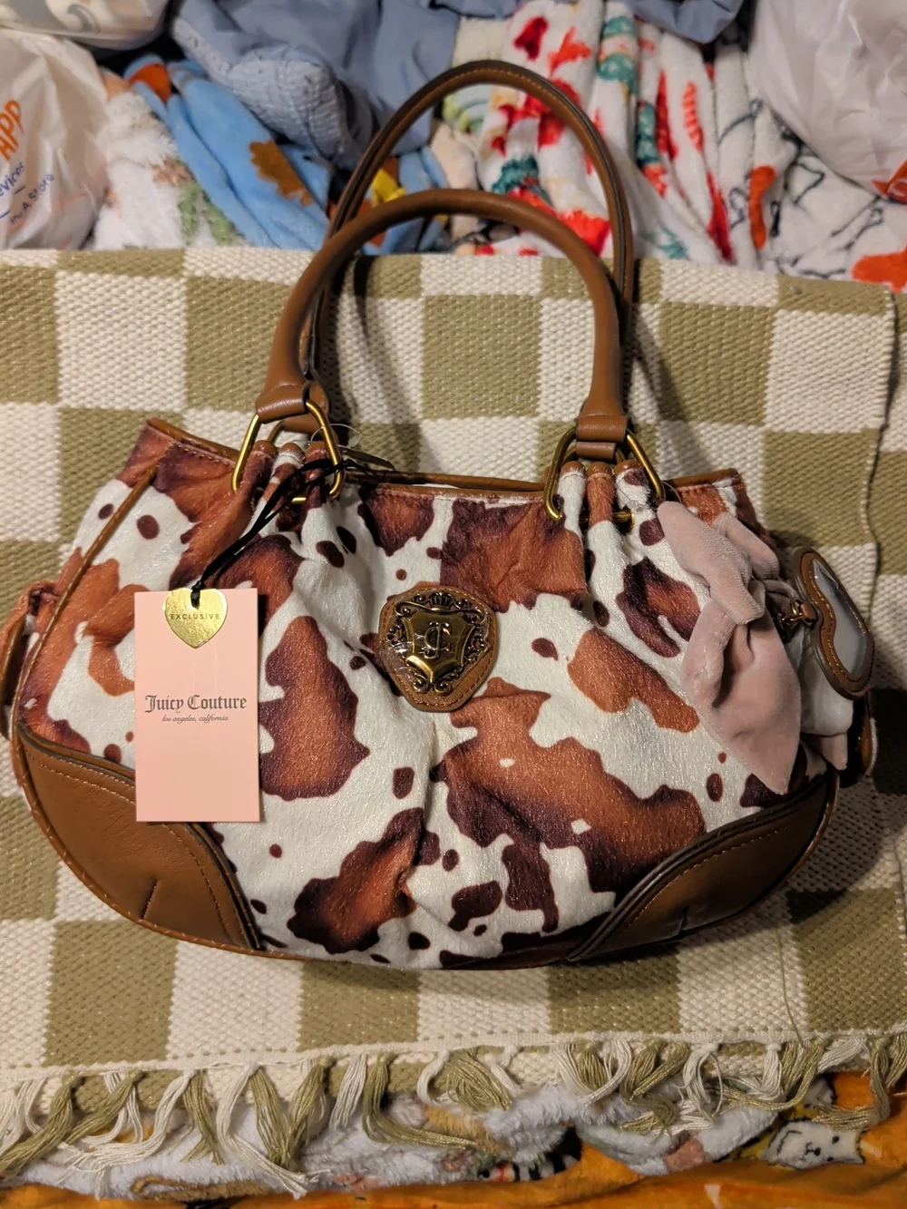 Juicy Couture Brown & White Cowhide Cowgirl Pink Bow Satchel Bag Nwt